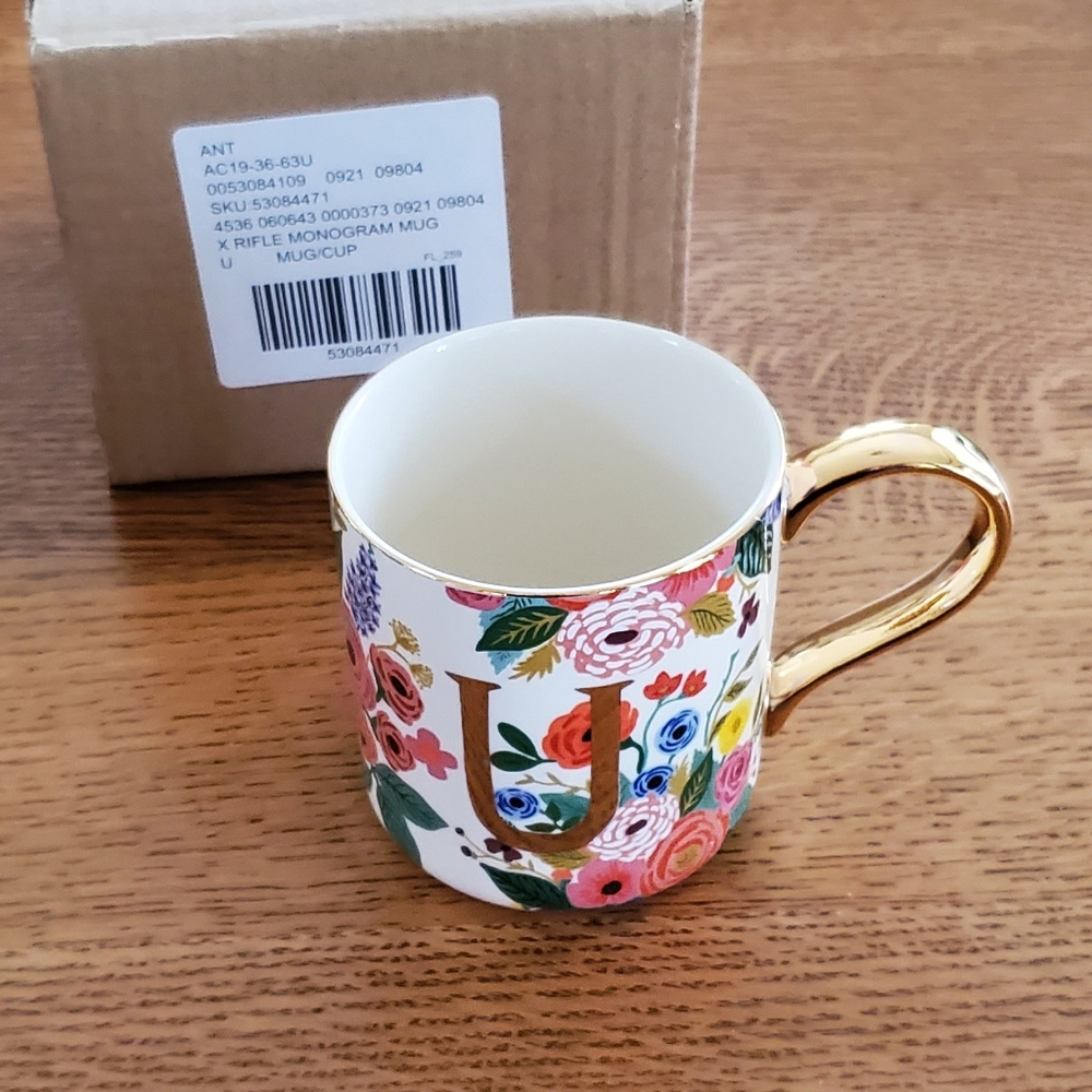 Anthropologie x Rifle Paper Co Garden Party "U" monogrammed mug